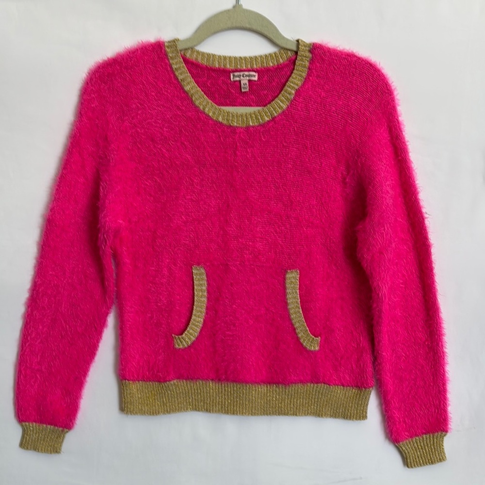 Y2K Juicy Couture Women’s Sz XS Vibrant Pink Sweater with Metallic Gold Pockets